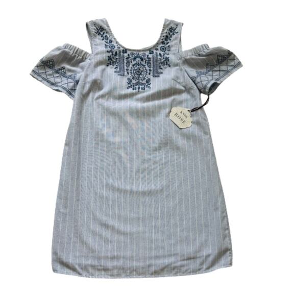 Knox Rose Dress Blue White Stripe Embroidered Shirt Sleeve Boho Shift Medium NEW - Picture 12 of 12